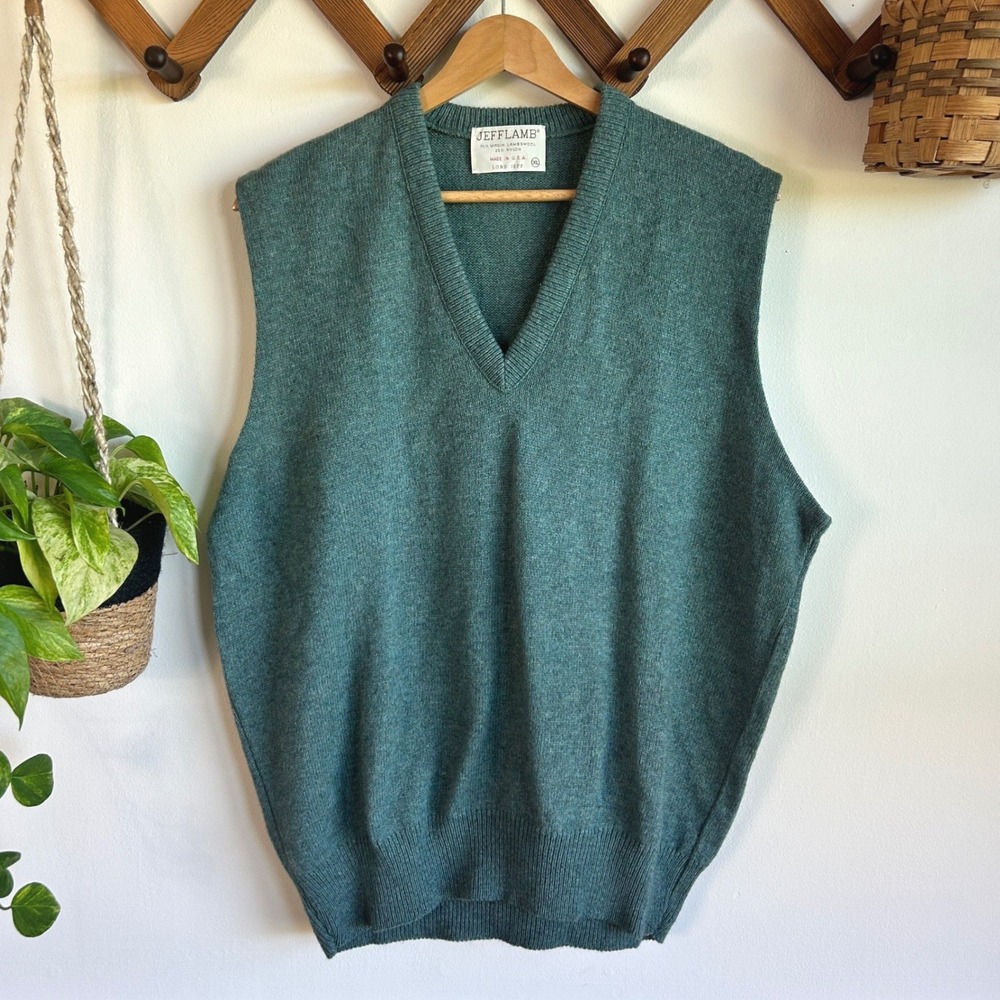 Vintage Jefflamb Lord Jeff Mens XL Teal Green Lambswool V-Neck Sweater Vest USA